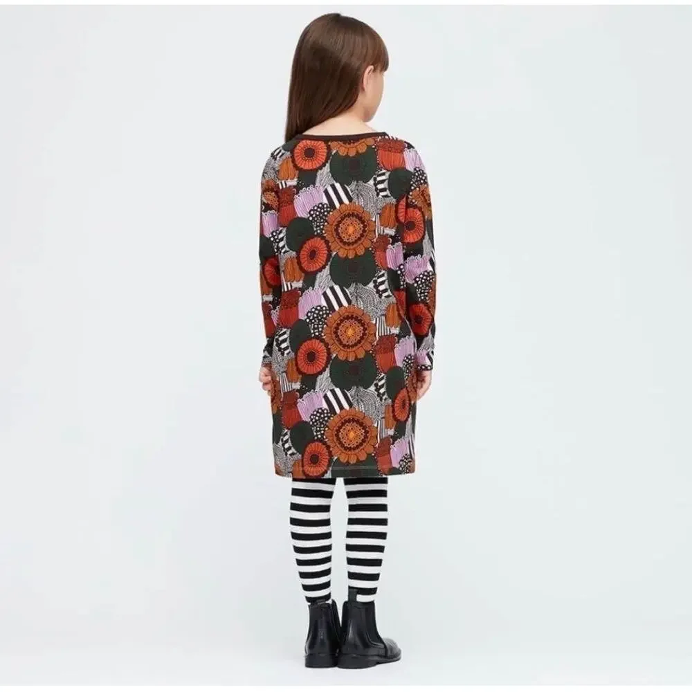 Uniqlo x Marimekko Girls Print Dress Long Sleeve black Orange Pink Gray